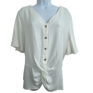 Alfani Viscose Top Short Sleeve V-neck  White Women XL Button Pullover New $59